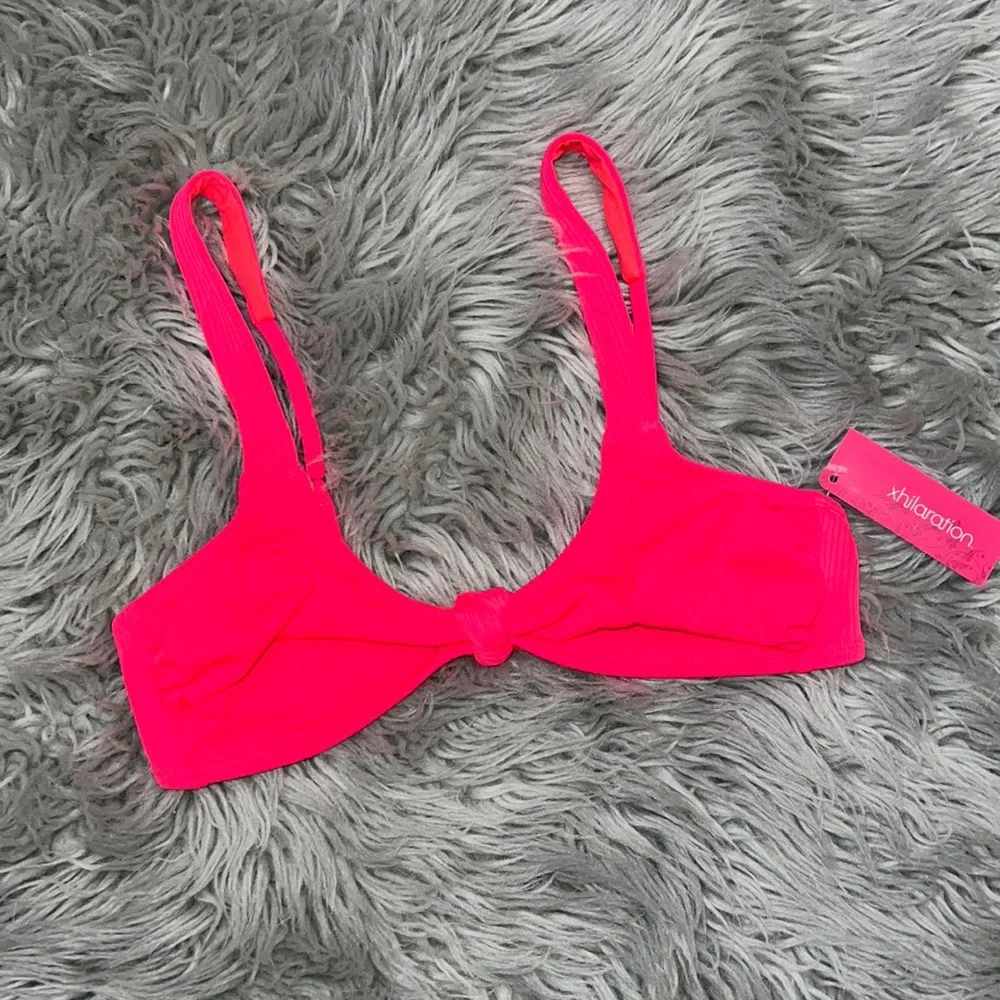 Coral Neon Pink Ribbed Twist Knot Front Bikini Top